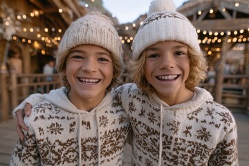 Smiling twins in matching winter sweaters and knit hats outdoors, joyful portrait perfect for Christmas lifestyle campaigns, family ads, and holiday visuals.