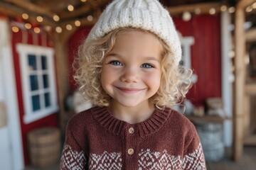 Smiling child with curly hair wearing knit hat and winter sweater, joyful outdoor portrait ideal for holiday lifestyle and Christmas marketing visuals.