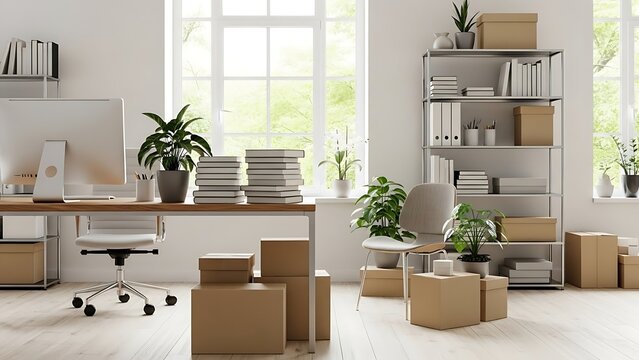 Bright, minimalist office space in the middle of moving, surrounded by cardboard boxes and stacks of files