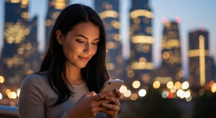 Woman using smartphone in city at night, with blurred city lights in background. Urban connectivity and digital communication for mobile applications.