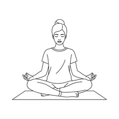 Illustration of woman meditating in lotus position, line art style