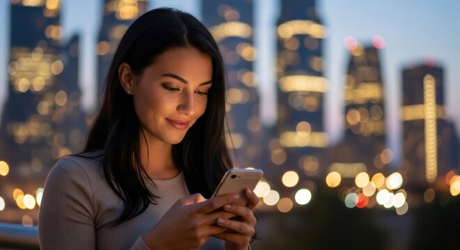 Woman using smartphone in city at night, with blurred city lights in background. Urban connectivity and digital communication for mobile applications.