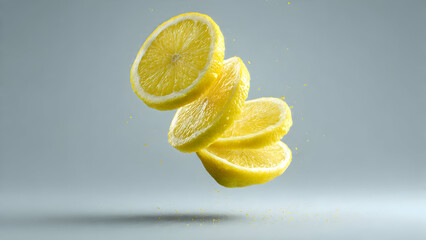 A dynamic floating lemon sliced into multiple layers suspended with invisible thread and cleaned in Photoshop for a crisp levitation effect