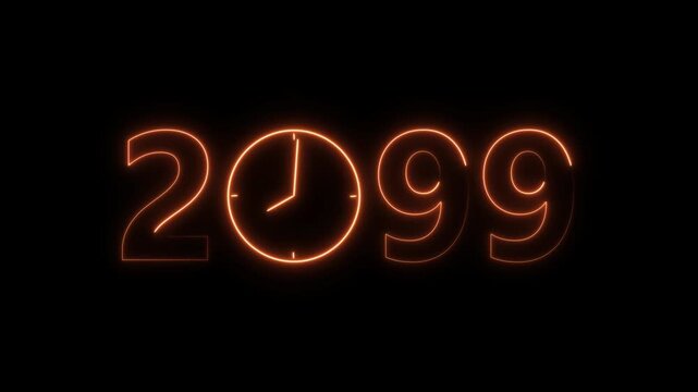 2099 digital text celebration and Calendar neon bright orange color animation. Clock icon timer concept on black background.