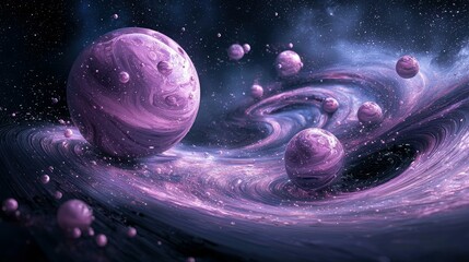 A cosmic scene featuring several purple planets of varying sizes, some with visible moons or surface details, orbiting within a vibrant, swirling purple and blu
