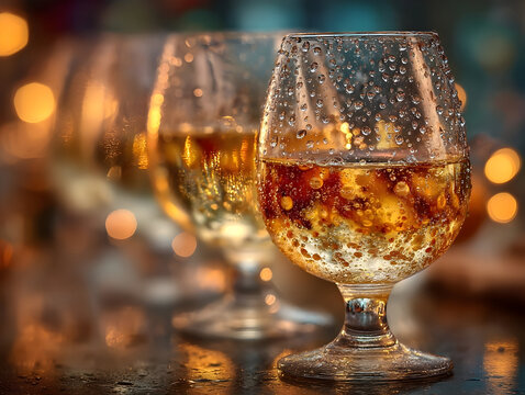 Three elegant wine glasses filled with liquid reflect a vibrant spectrum of rainbow colors against a colorful backdrop, enhanced by glistening water droplets on the glass