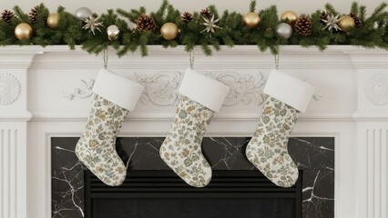 Three festive christmas stockings with floral patterns hang on a decorated white fireplace mantle adorned with evergreen garland and ornaments