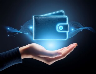 Digital Wallet Concept: A luminous digital wallet floats above an open hand, illustrating the modern concept of digital finance and the ease of managing money.