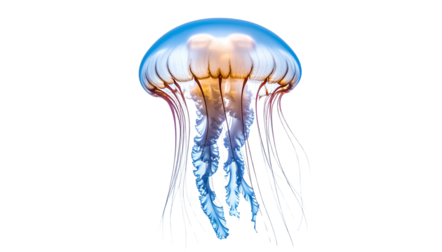 Jellyfish floating in water, translucent marine animal with bell-shaped body isolated on solid white background1