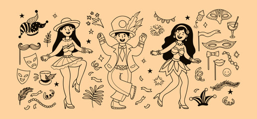 Carnival Cheerful Dancers Girls and Man in Costumes. Outline Party, Masquerade Celebration Doodle collection. Isolated Hand-drawn. Vector Illustration. Not AI