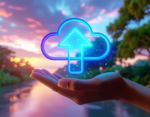 Digital Data Cloud: A hand delicately holds a glowing cloud icon, symbolizing the seamless transfer of data and the accessibility of information in the digital world.
