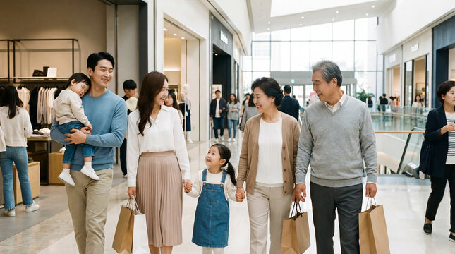 Happy family shopping together in the mall, asian people lifestyle concept