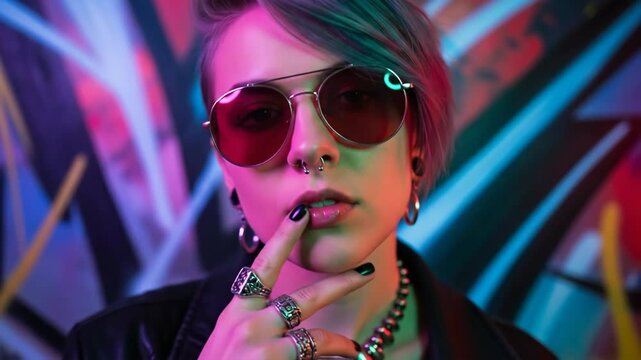 Trendy individual showcasing bold accessories against vibrant urban graffiti