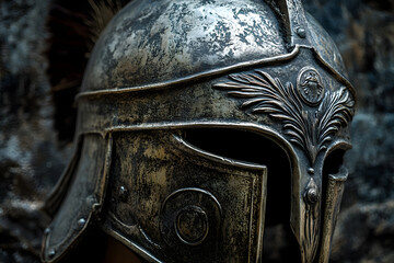Close-Up of an Ancient Hoplite Helmet with Ornate Details