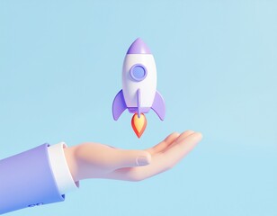 Innovation launch: A symbolic rocket, held delicately by a human hand against a vibrant backdrop, signifies innovation and progress