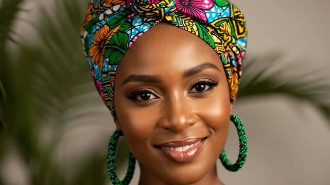 Captivating expressions of elegance with colorful headwrap and glossy lips