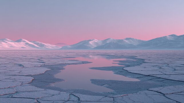 A serene landscape, cracked ice spans to distant snow-capped mountains under a soft pink and blue sky, with some open water