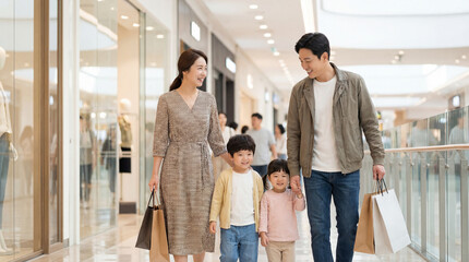 Happy asian family with shopping bags walking in shopping mall and smiling