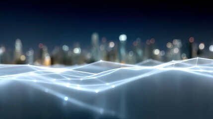 An abstract digital network overlaying a blurred cityscape at night, representing data flow and connectivity.