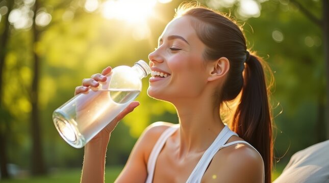 Mujer bebiendo agua de una botella transparente al aire libre