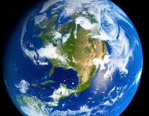 Photo of planet Earth, showing North America and oceans, clouds