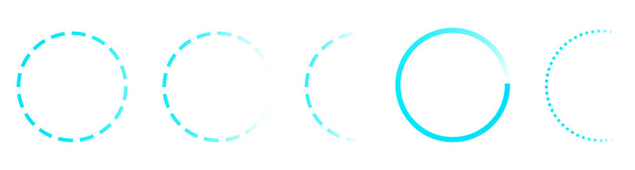 A clean neon circle outline set featuring dashed, dotted, and glowing round frames. Geometric design, loading indicators, modern graphics, icons, and abstract shapes in digital projects.