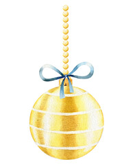 Watercolor holiday ornament.  Tree gold ornament with blue bow isolated on  white background. New years ball.