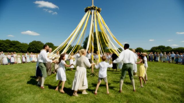 People Dancing Around a Maypole on a Field on a Sunny Day