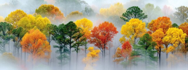 Colorful trees in shades of orange, yellow, and red rise through a soft fog, illuminating the calm forest at the break of day. Nature's beauty enchants with every hue