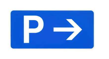 Blue parking sign with arrow PNG isolated on transparent background, direction indicator for transportation and traffic guidance