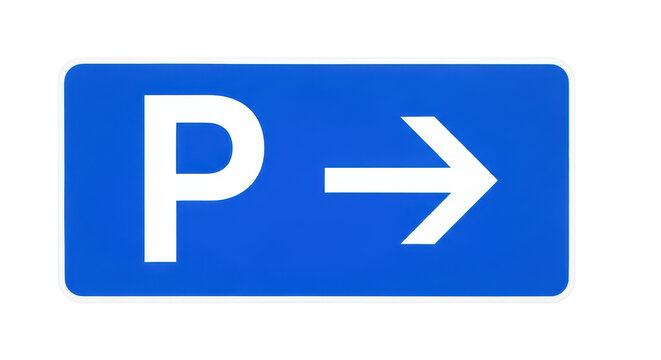Blue parking sign with arrow PNG isolated on transparent background, direction indicator for transportation and traffic guidance