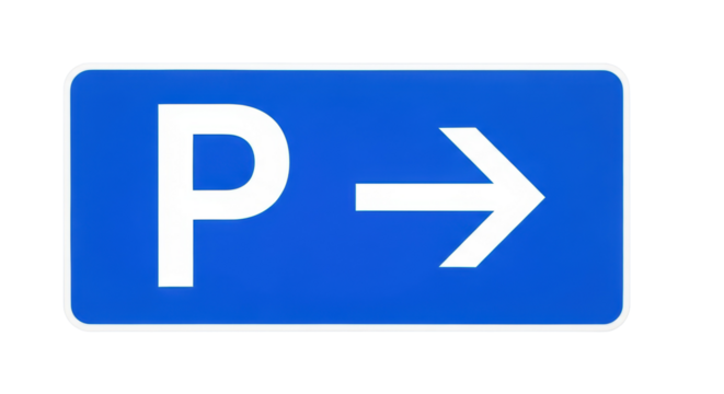 Blue parking sign with arrow PNG isolated on transparent background, direction indicator for transportation and traffic guidance
