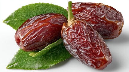 Wrinkled brown dates and fresh green leaves on a white background