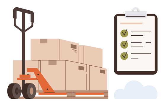 Fototapeta Pallet jack transporting stacked boxes next to a clipboard with a checklist. Ideal for logistics, shipping, inventory, supply chain, warehouse, delivery, or management concepts. Simple flat metaphor