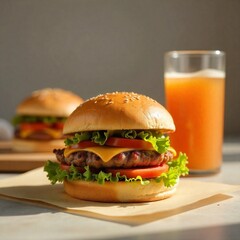 Classic Cheeseburger and Orange Juice Drink