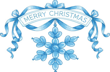 Blue ribbon banner with 'Merry Christmas' greeting and a delightful snowflake design, embodying the joyful spirit of holiday festivities and winter celebrations