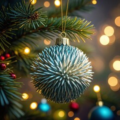 Elegant silver Christmas ornament hanging on a pine tree branch with festive bokeh lights twinkling in background creates warm holiday mood