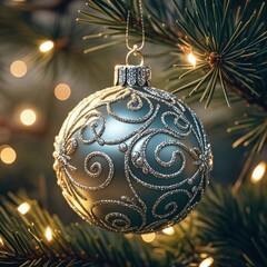Elegant Christmas ornament hanging on tree branch with sparkling lights creating cozy festive holiday atmosphere and spreading joy and warmth