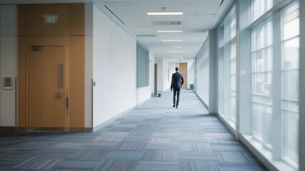Rear view of a businessman in a formal suit walking alone down a bright, spacious office corridor with glass windows, symbolizing corporate professionalism and business environment.