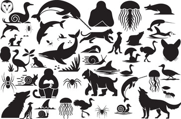 Black silhouette vector icon set collection of wild animal illustration design