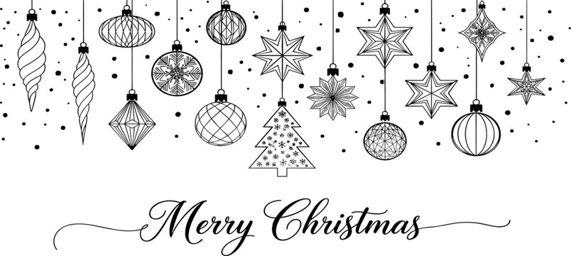 Elegant black and white Christmas greeting card banner with hanging doodle ornaments and festive decorations