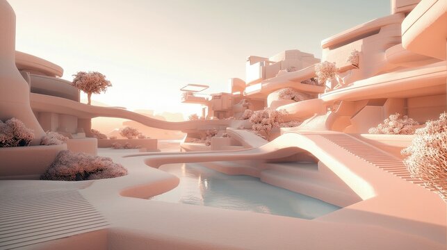 A serene, futuristic cityscape featuring flowing organic architecture, curved bridges, and tranquil waterways bathed in the soft, warm light of sunrise.