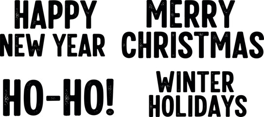 Obraz premium Collection of festive typographic greetings for winter holidays, featuring bold black lettering for Merry Christmas and Happy New Year on a white background
