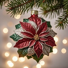 Elegant floral Christmas ornament sparkles with festive cheer against a backdrop of twinkling lights, capturing the magic of the season