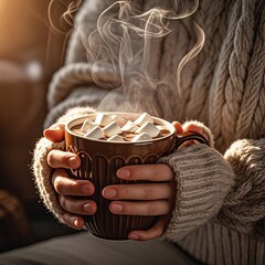 Cozy winter vibes with hot chocolate and marshmallows held in warm hands, perfect for holiday ads and seasonal marketing campaigns