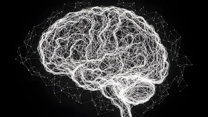 Digital brain made of glowing interconnected lines and nodes on a dark background, symbolizing artificial intelligence, neural networks, data flow, and modern technology.
