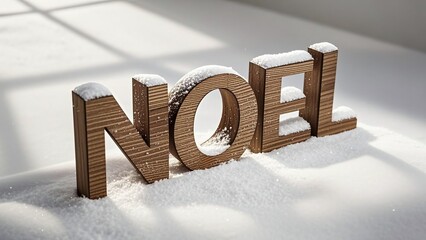 Elegant wooden Noel letters nestled in fresh snow, perfect for creating warm holiday greetings and festive winter scenes for your designs