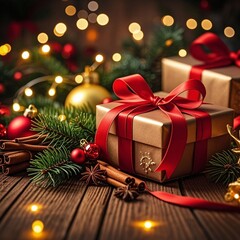 Elegant Christmas gifts wrapped with red ribbons and cinnamon sticks on rustic wooden surface with glowing lights for holiday cheer