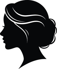 Elegant black silhouette of a womans head in profile with a sophisticated updo hairstyle, isolated on