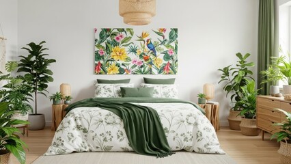 Bright bedroom interior with lush green houseplants and botanical decor, featuring a comfortable bed and tropical wall artwork.